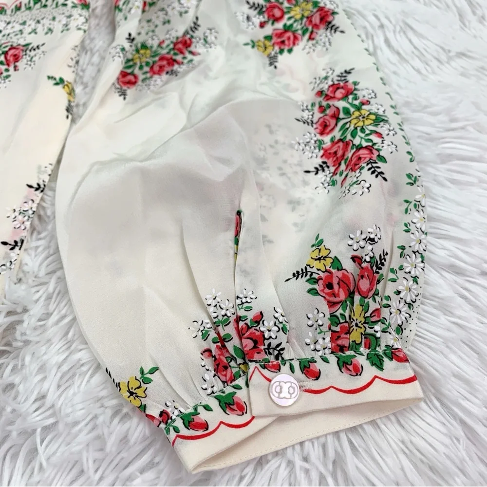 Tory Burch long sleeve‎ pleated garden veil floral silk shirt dress in cream
